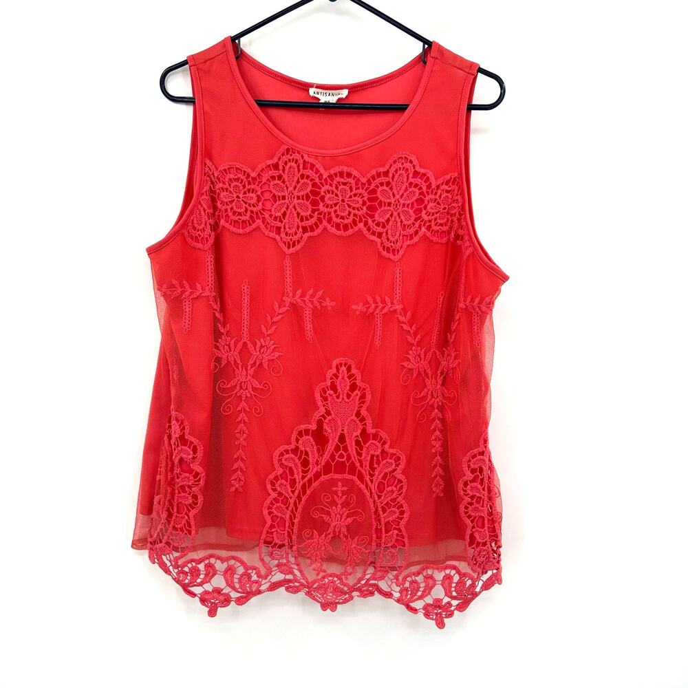 Artisan NY Size XL Blouse Red Sleeveless Tank Lace‎ Overlay Work Formal Business